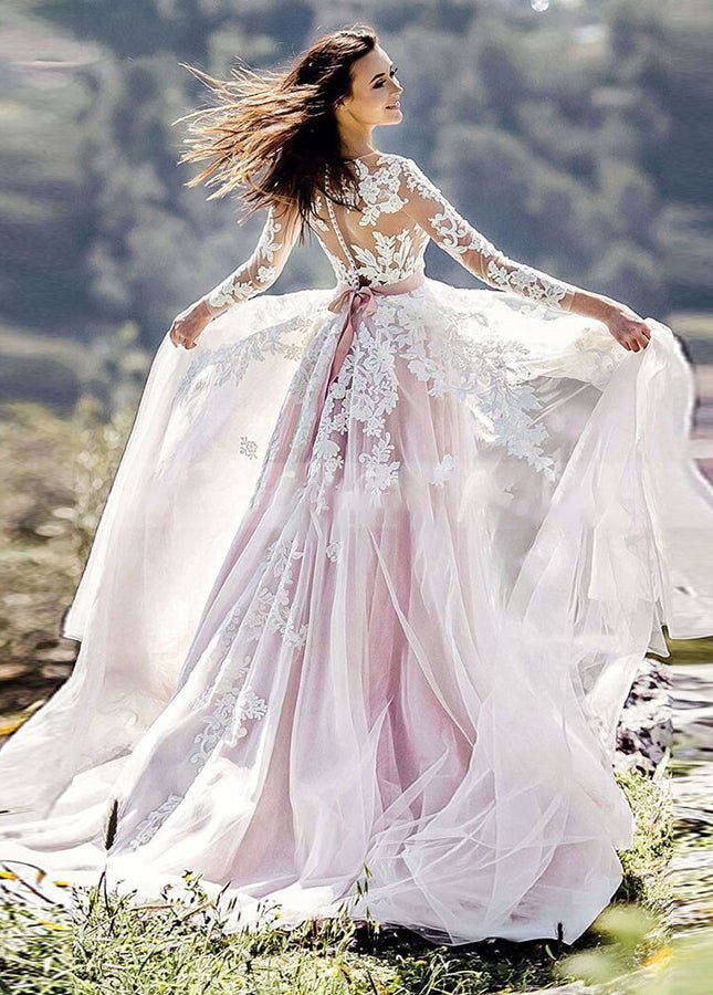 Pink and White Lace Appliques Long Sleeves Tulle Wedding Dresses with Belt