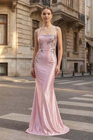 Pink Halter Mermaid Floral Satin Long Prom Dresses With Beading - KissProm