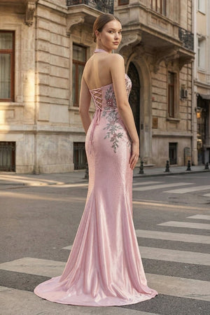 Pink Halter Mermaid Floral Satin Long Prom Dresses With Beading - KissProm