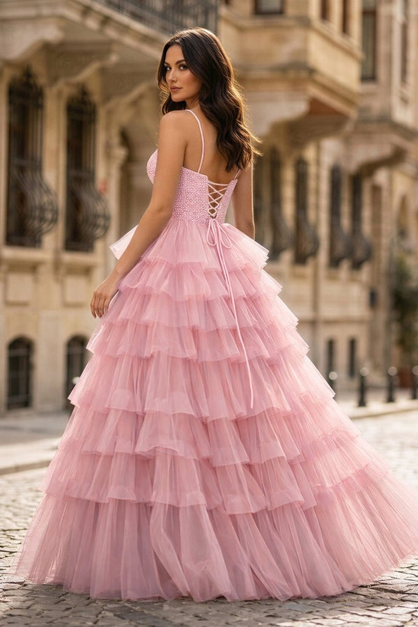 Spaghetti Straps Sweetheart Layered Tulle Formal Prom Dress with Slit - KissProm