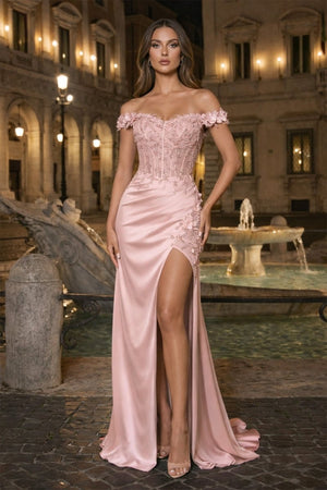 Burgundy Off The Shoulder Mermaid Beaded Satin Long Prom Dresses With Appliques – Prom Dress by KissProm | Available at KissProm