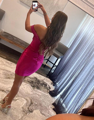 Sheath Off the Shoulder Short Satin Homecoming Dress – Homecoming Dress by KissProm | Available at KissProm