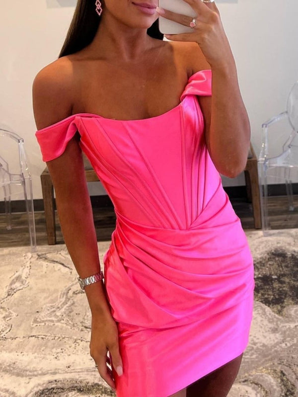 Sheath Off the Shoulder Short Satin Homecoming Dress – Homecoming Dress by KissProm | Available at KissProm