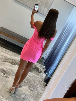 Sheath Off the Shoulder Short Satin Homecoming Dress – Homecoming Dress by KissProm | Available at KissProm