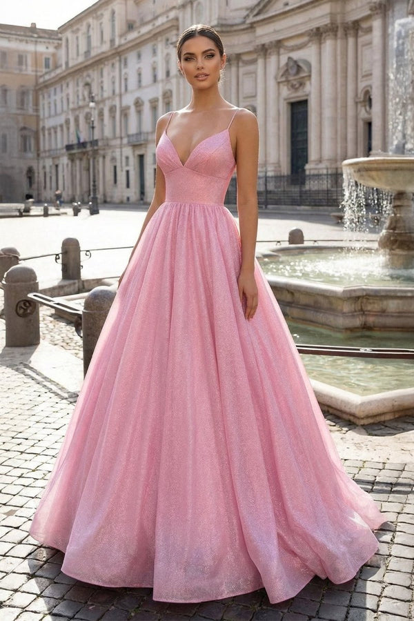 Pink Tulle Long Backless Prom Dress A - Line V Neck Party Dress - KissProm
