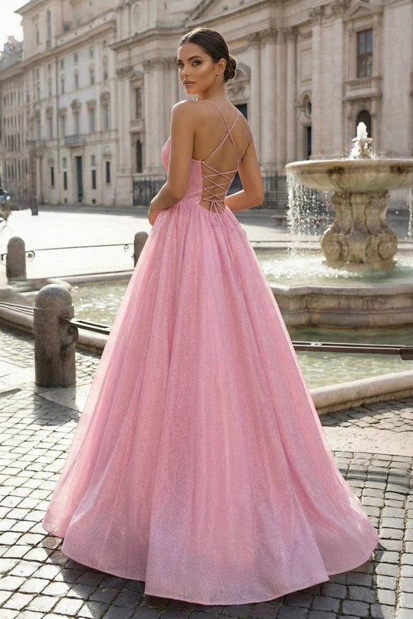 Pink Tulle Long Backless Prom Dress A - Line V Neck Party Dress - KissProm
