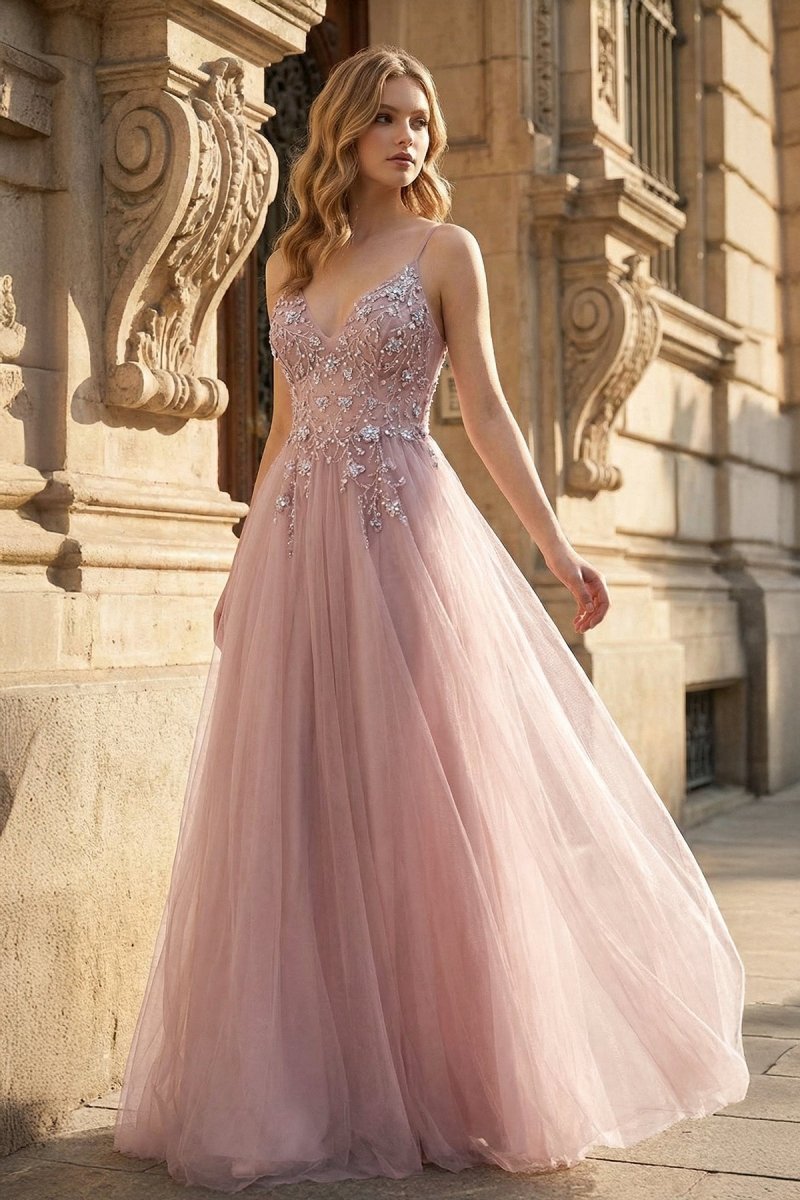 Pink Tulle Long A-Line Prom Dress, Pink Spaghetti Formal Dress with Beaded – Prom Dress by KissProm | Available at KissProm