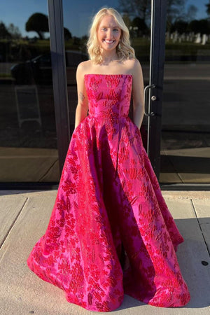 Pixie | Cute A Line Strapless Red Jacquard Satin Prom Dress - KissProm