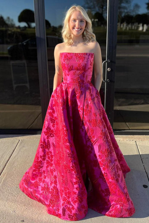 Pixie | Cute A Line Strapless Red Jacquard Satin Prom Dress - KissProm