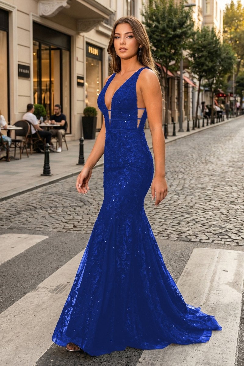 Mermaid Plunge V Neck Lace Prom Dress - KissProm