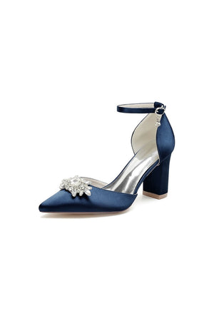 Pointed Toe Ankle Strap Chunky Heel With Rhinestone - KissProm