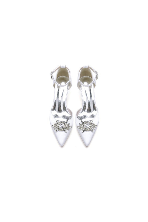Pointed Toe Ankle Strap Chunky Heel With Rhinestone - KissProm