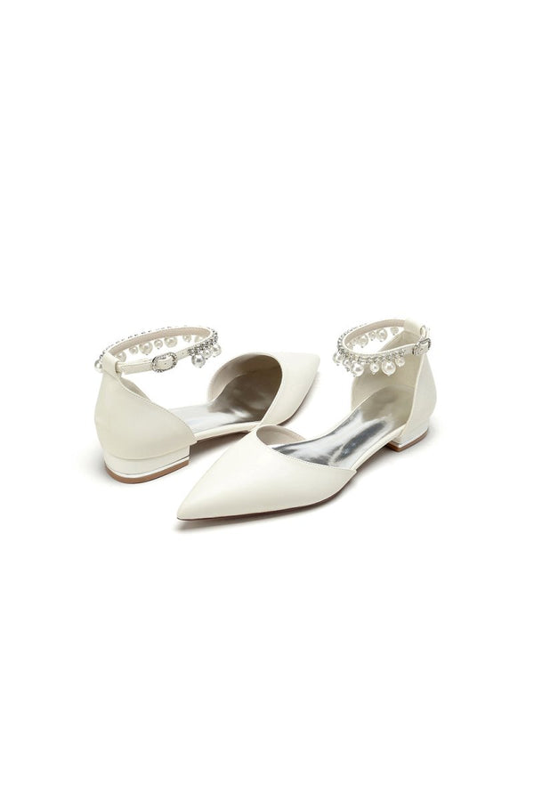 Pointed Toe Ankle Strap Pearl Beaded Low Heels - KissProm