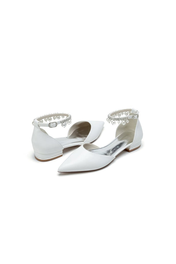 Pointed Toe Ankle Strap Pearl Beaded Low Heels - KissProm