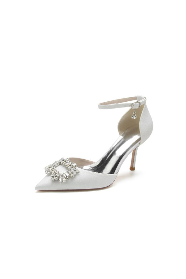 Pointed Toe Ankle Strap Stiletto Heels With Rhinestone - KissProm