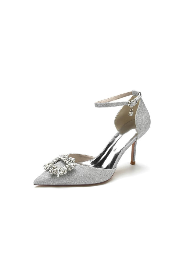 Pointed Toe Ankle Strap Stiletto Heels With Rhinestone - KissProm