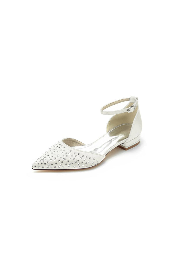 Pointed Toe Beaded Ankle Strap Buckle Kitten Heels - KissProm