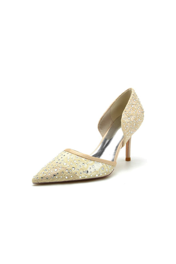 Pointed Toe Beaded Lace Wedding Stiletto Heels - KissProm