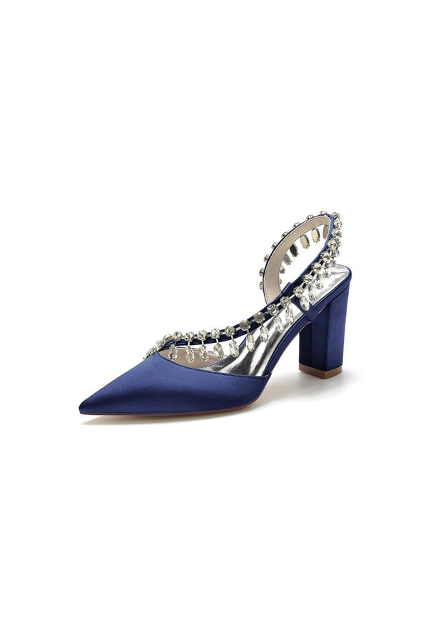 Pointed Toe Beaded Slip - on Satin Chunky Heels - KissProm
