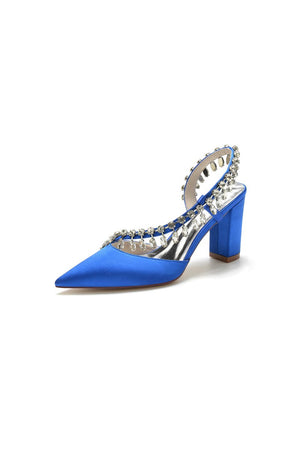 Pointed Toe Beaded Slip - on Satin Chunky Heels - KissProm