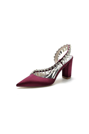 Pointed Toe Beaded Slip - on Satin Chunky Heels - KissProm