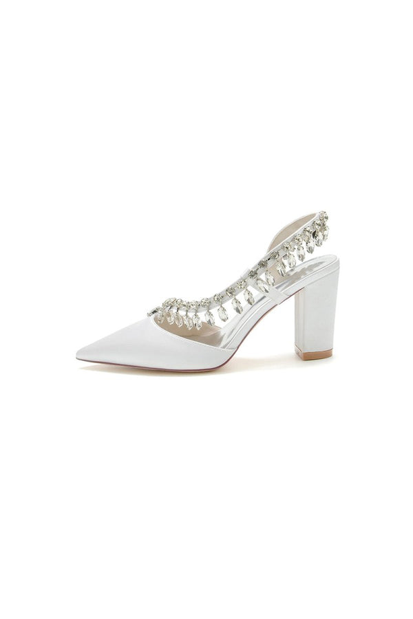 Pointed Toe Beaded Slip - on Satin Chunky Heels - KissProm