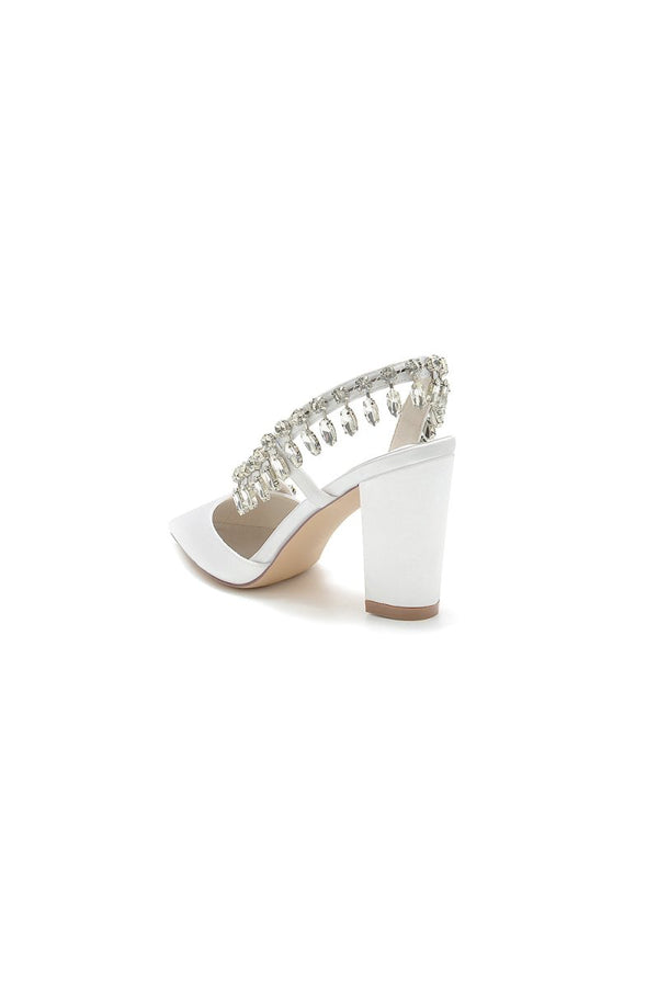 Pointed Toe Beaded Slip - on Satin Chunky Heels - KissProm