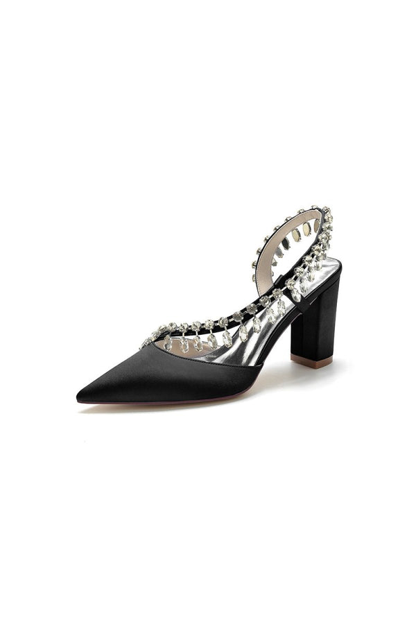 Pointed Toe Beaded Slip - on Satin Chunky Heels - KissProm