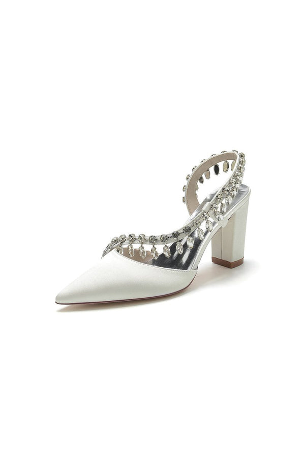 Pointed Toe Beaded Slip - on Satin Chunky Heels - KissProm