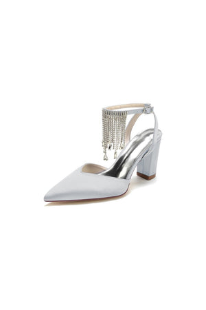 Pointed Toe Beading Tassel Satin Chunky Heels - KissProm