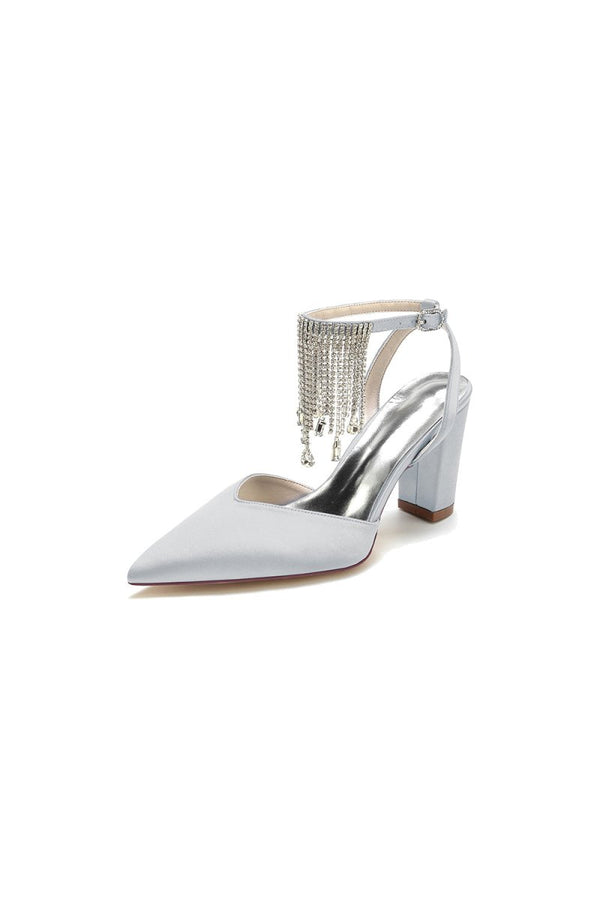Pointed Toe Beading Tassel Satin Chunky Heels - KissProm