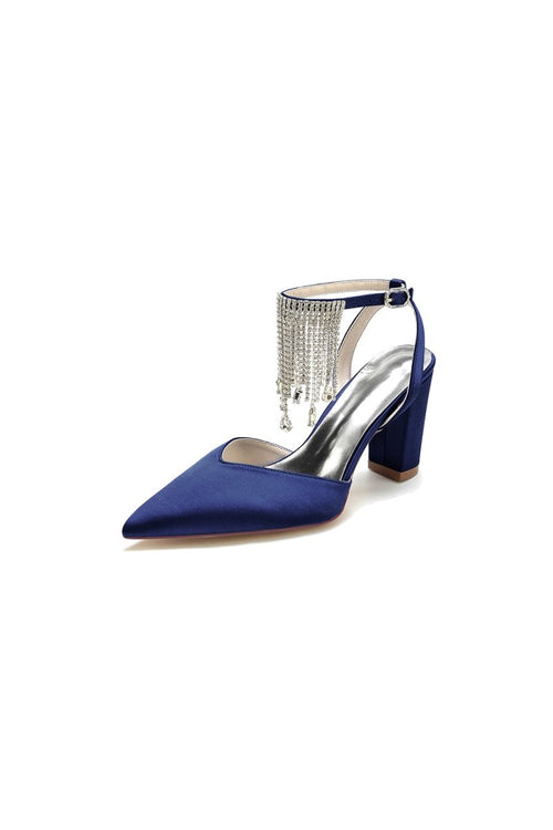 Pointed Toe Beading Tassel Satin Chunky Heels - KissProm