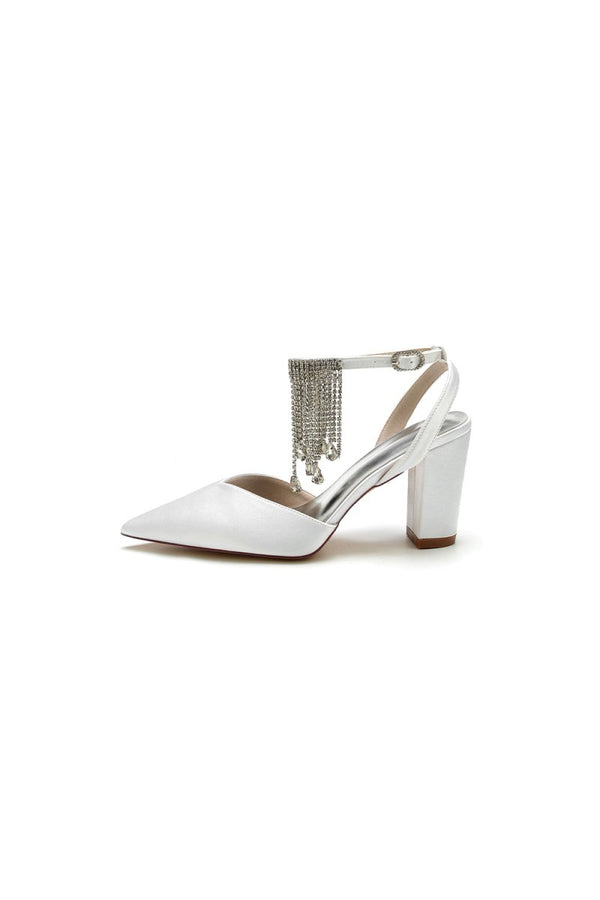 Pointed Toe Beading Tassel Satin Chunky Heels - KissProm