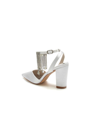 Pointed Toe Beading Tassel Satin Chunky Heels - KissProm