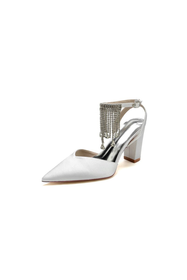 Pointed Toe Beading Tassel Satin Chunky Heels - KissProm