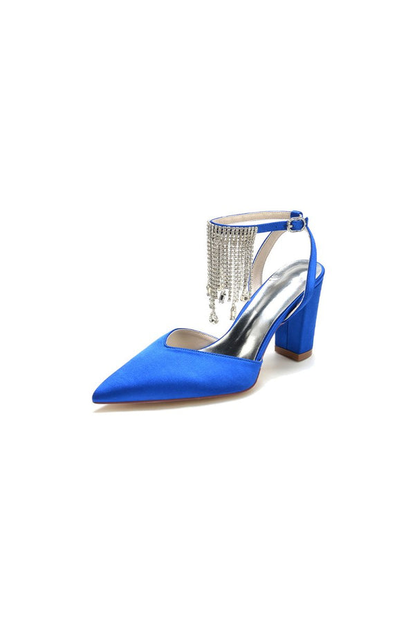 Pointed Toe Beading Tassel Satin Chunky Heels - KissProm