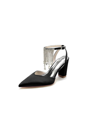 Pointed Toe Beading Tassel Satin Chunky Heels - KissProm