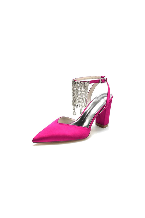 Pointed Toe Beading Tassel Satin Chunky Heels - KissProm