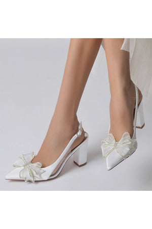 Pointed Toe Chunky Heels with Bow - KissProm