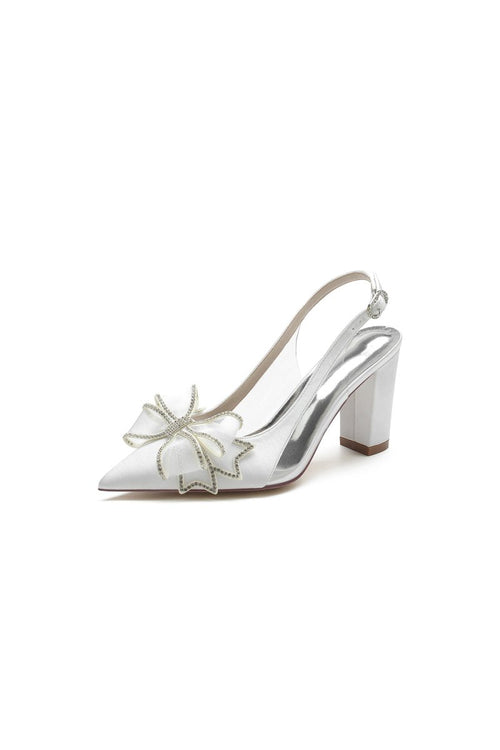 Pointed Toe Chunky Heels with Bow - KissProm