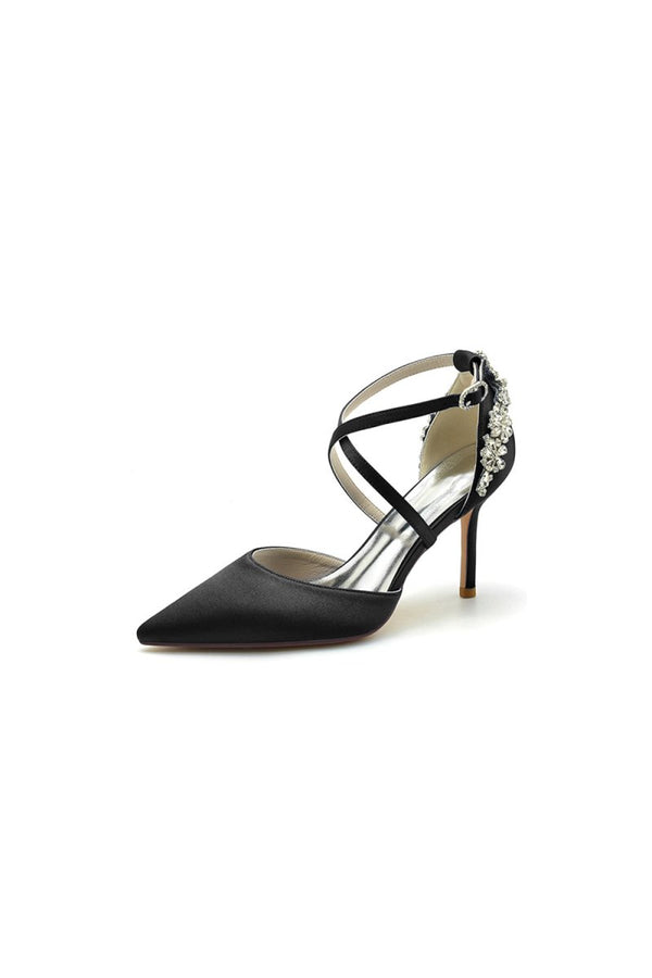 Pointed Toe Cross Strap With Rhinestones Stiletto Heels - KissProm