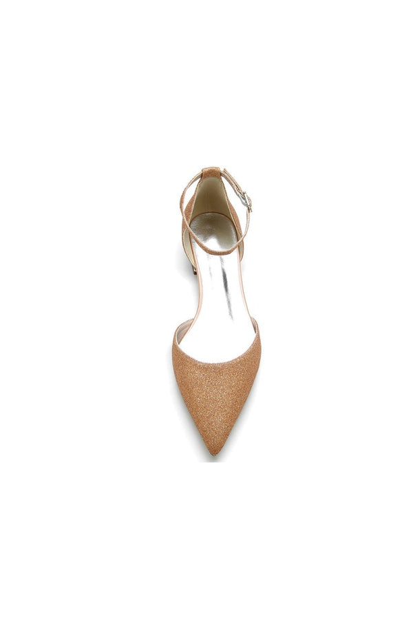 Pointed Toe Crystal Ankle Strap Low Heels - KissProm