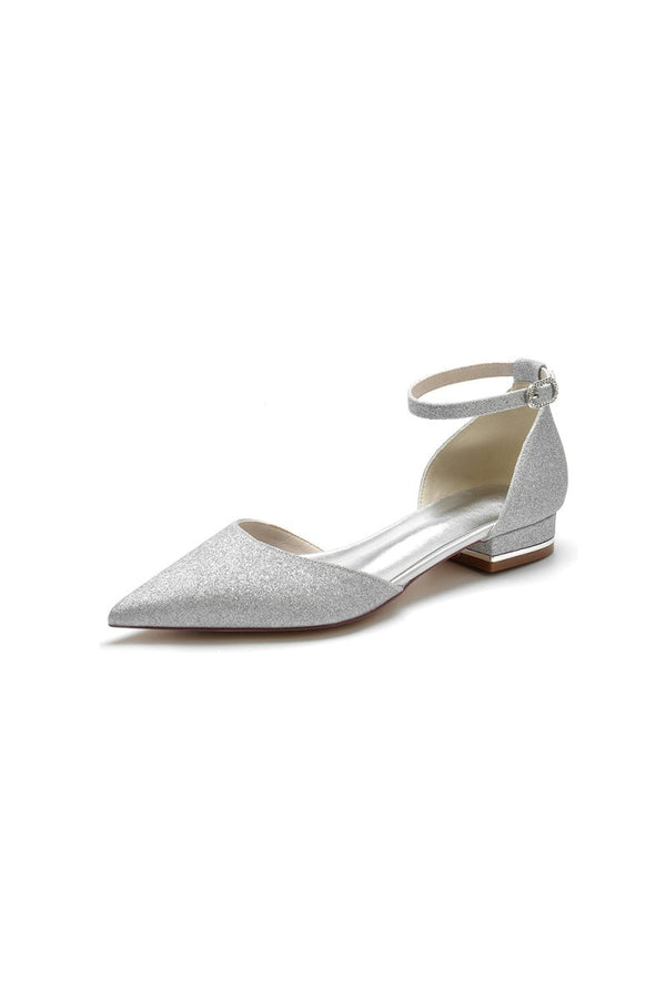 Pointed Toe Crystal Ankle Strap Low Heels - KissProm
