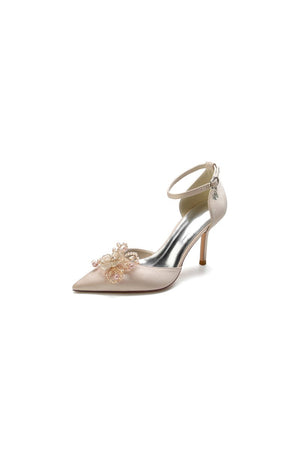 Pointed Toe Crystal Flower Ankle Strap Stiletto Heels - KissProm