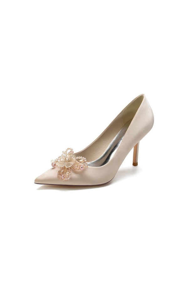 Pointed Toe Crystal & Pearl Flower Heels - KissProm