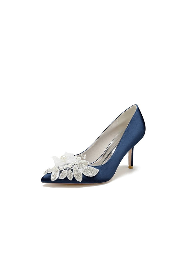 Pointed Toe Satin Bridal Heels with Crystal Flower - KissProm