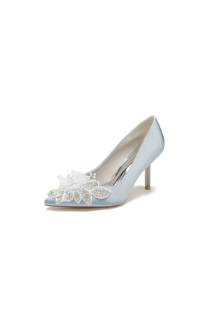Pointed Toe Satin Bridal Heels with Crystal Flower - KissProm