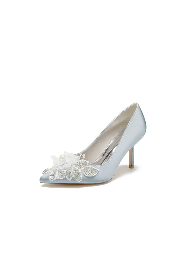 Pointed Toe Satin Bridal Heels with Crystal Flower - KissProm