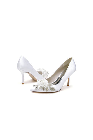 Pointed Toe Satin Bridal Heels with Crystal Flower - KissProm