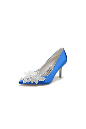 Pointed Toe Satin Bridal Heels with Crystal Flower - KissProm